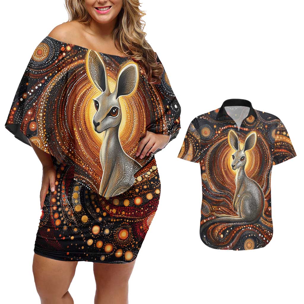 Australian Aboriginal Art Kangaroo Couples Matching Off Shoulder Short Dress and Hawaiian Shirt Warm Earth Tones Aboriginal Dot Painting