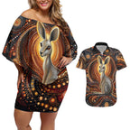 Australian Aboriginal Art Kangaroo Couples Matching Off Shoulder Short Dress and Hawaiian Shirt Warm Earth Tones Aboriginal Dot Painting