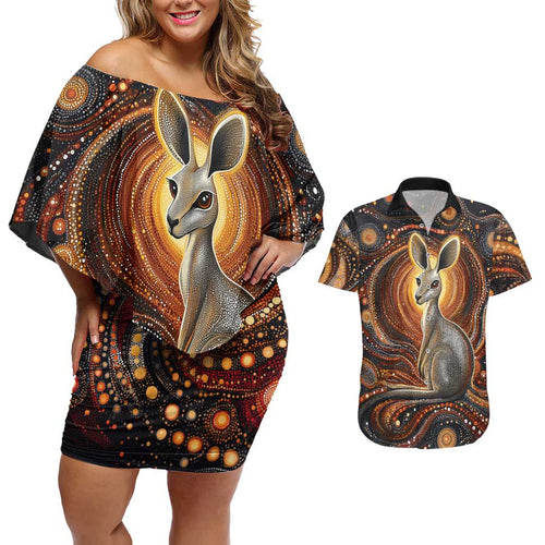 Australian Aboriginal Art Kangaroo Couples Matching Off Shoulder Short Dress and Hawaiian Shirt Warm Earth Tones Aboriginal Dot Painting