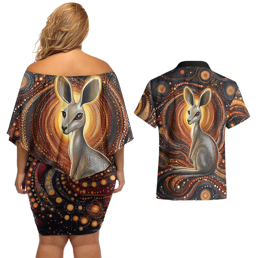 Australian Aboriginal Art Kangaroo Couples Matching Off Shoulder Short Dress and Hawaiian Shirt Warm Earth Tones Aboriginal Dot Painting