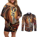 Australian Aboriginal Art Kangaroo Couples Matching Off Shoulder Short Dress and Long Sleeve Button Shirt Warm Earth Tones Aboriginal Dot Painting