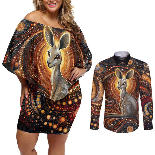 Australian Aboriginal Art Kangaroo Couples Matching Off Shoulder Short Dress and Long Sleeve Button Shirt Warm Earth Tones Aboriginal Dot Painting