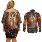 Australian Aboriginal Art Kangaroo Couples Matching Off Shoulder Short Dress and Long Sleeve Button Shirt Warm Earth Tones Aboriginal Dot Painting