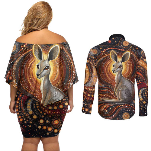 Australian Aboriginal Art Kangaroo Couples Matching Off Shoulder Short Dress and Long Sleeve Button Shirt Warm Earth Tones Aboriginal Dot Painting