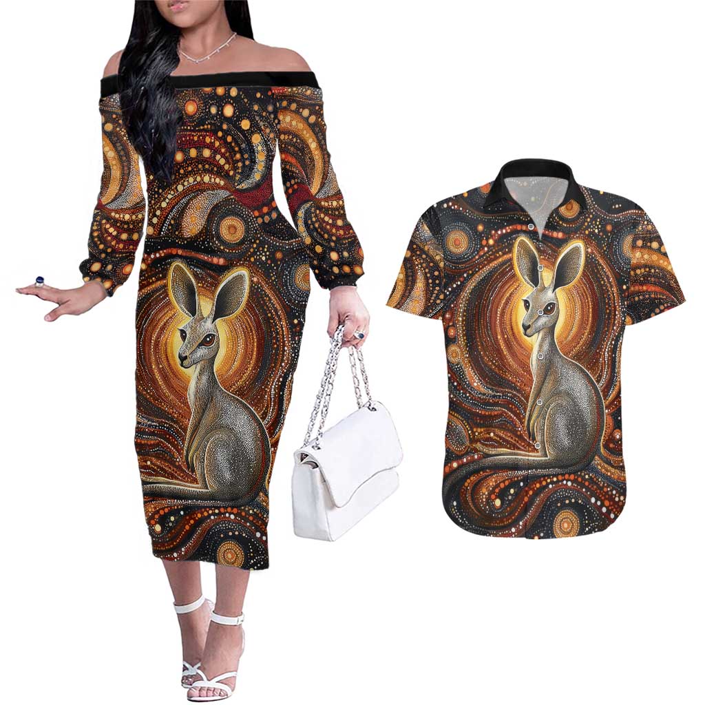 Australian Aboriginal Art Kangaroo Couples Matching Off The Shoulder Long Sleeve Dress and Hawaiian Shirt Warm Earth Tones Aboriginal Dot Painting