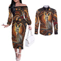Australian Aboriginal Art Kangaroo Couples Matching Off The Shoulder Long Sleeve Dress and Long Sleeve Button Shirt Warm Earth Tones Aboriginal Dot Painting