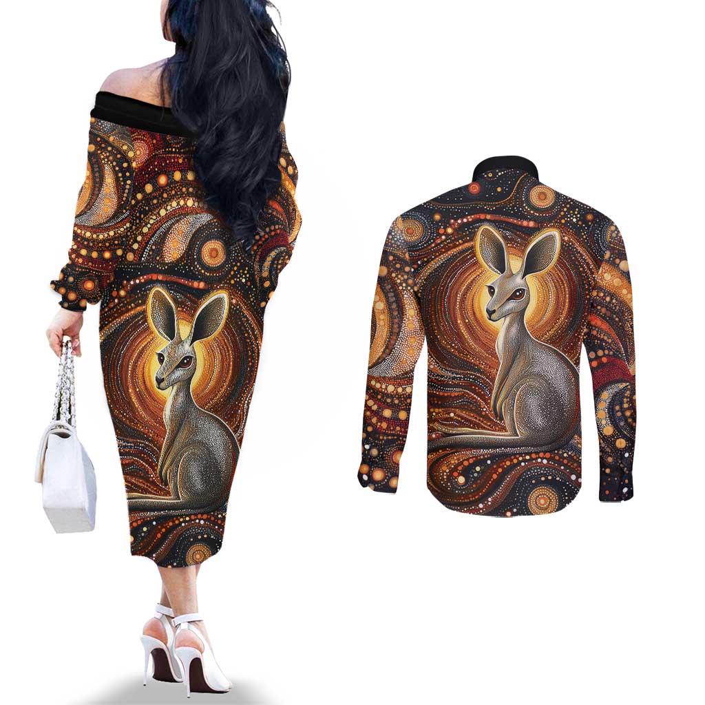 Australian Aboriginal Art Kangaroo Couples Matching Off The Shoulder Long Sleeve Dress and Long Sleeve Button Shirt Warm Earth Tones Aboriginal Dot Painting