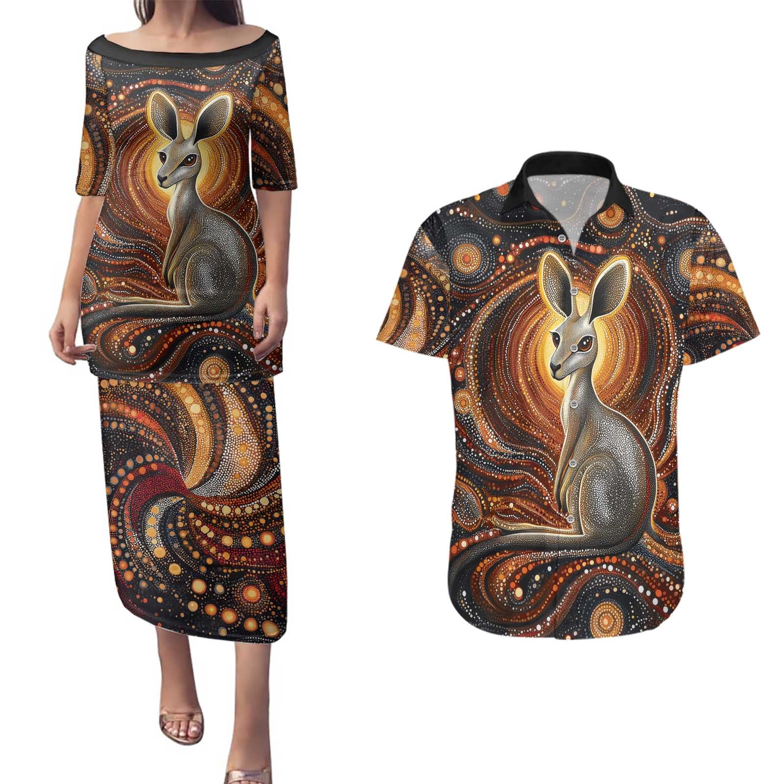 Australian Aboriginal Art Kangaroo Couples Matching Puletasi and Hawaiian Shirt Warm Earth Tones Aboriginal Dot Painting