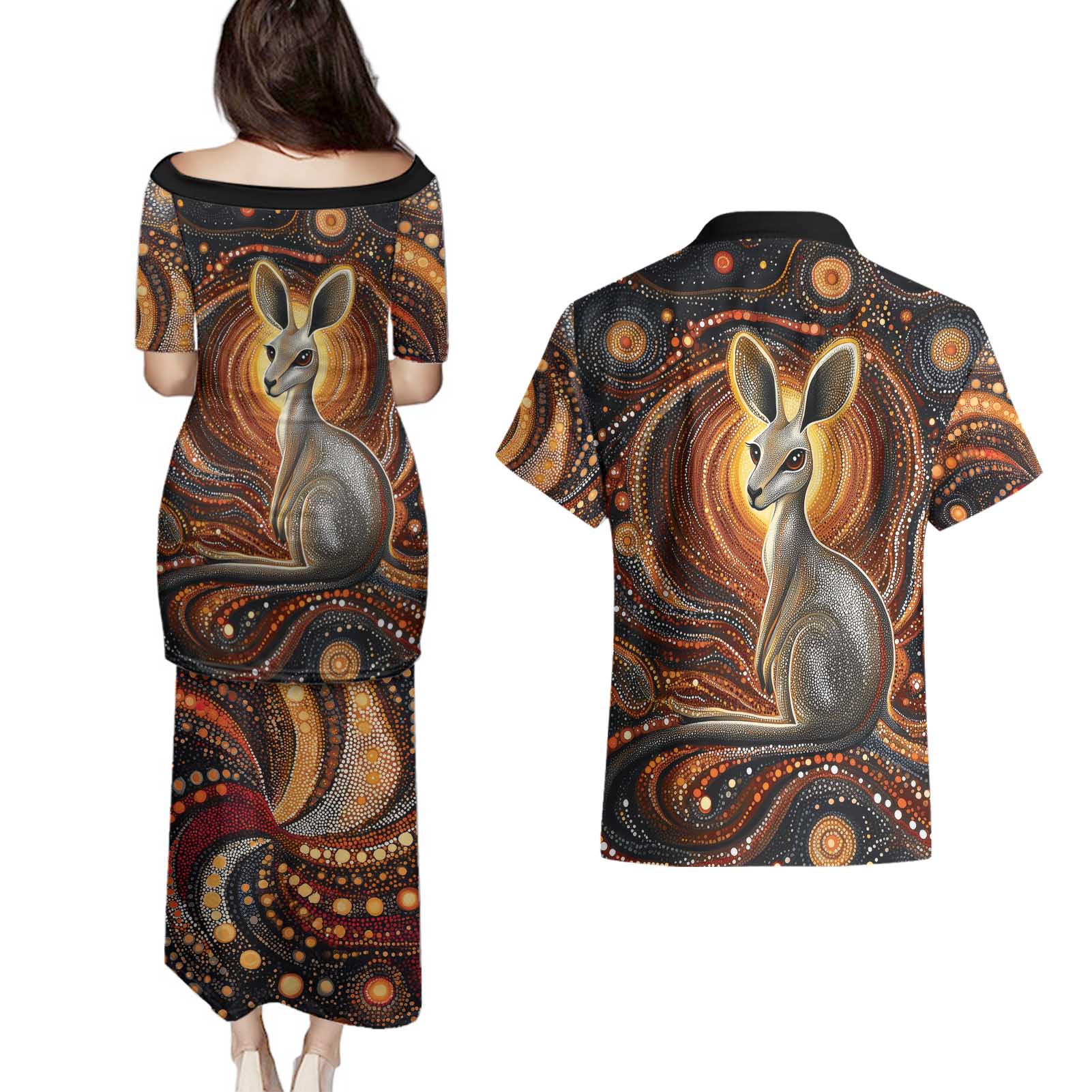 Australian Aboriginal Art Kangaroo Couples Matching Puletasi and Hawaiian Shirt Warm Earth Tones Aboriginal Dot Painting