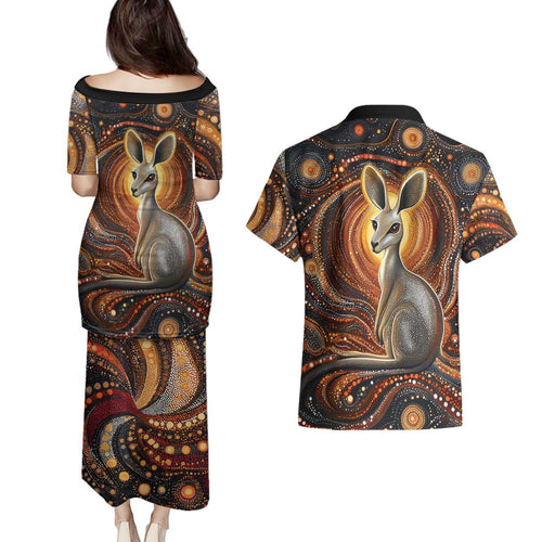 Australian Aboriginal Art Kangaroo Couples Matching Puletasi and Hawaiian Shirt Warm Earth Tones Aboriginal Dot Painting