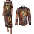 Australian Aboriginal Art Kangaroo Couples Matching Puletasi and Long Sleeve Button Shirt Warm Earth Tones Aboriginal Dot Painting