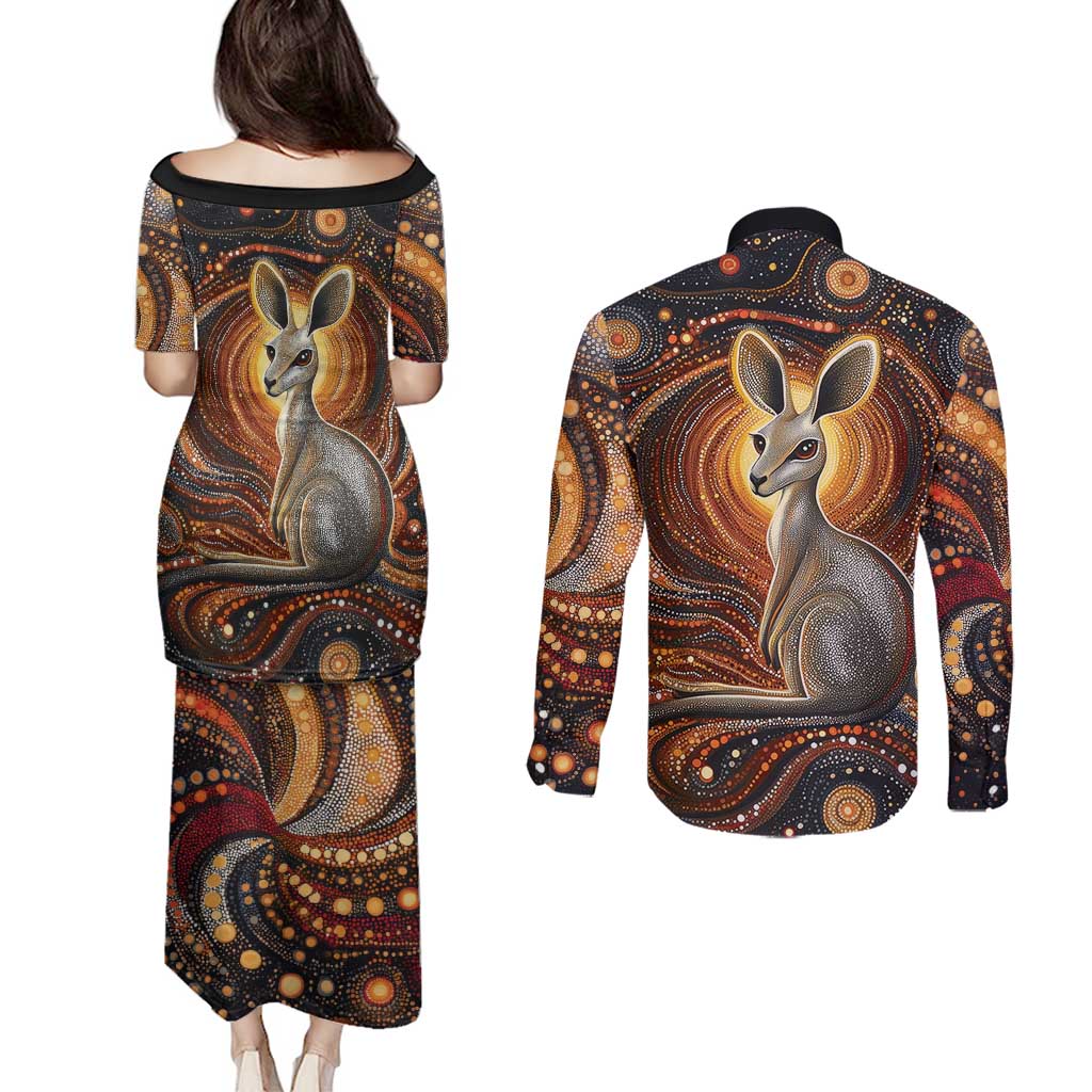Australian Aboriginal Art Kangaroo Couples Matching Puletasi and Long Sleeve Button Shirt Warm Earth Tones Aboriginal Dot Painting