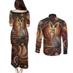 Australian Aboriginal Art Kangaroo Couples Matching Puletasi and Long Sleeve Button Shirt Warm Earth Tones Aboriginal Dot Painting
