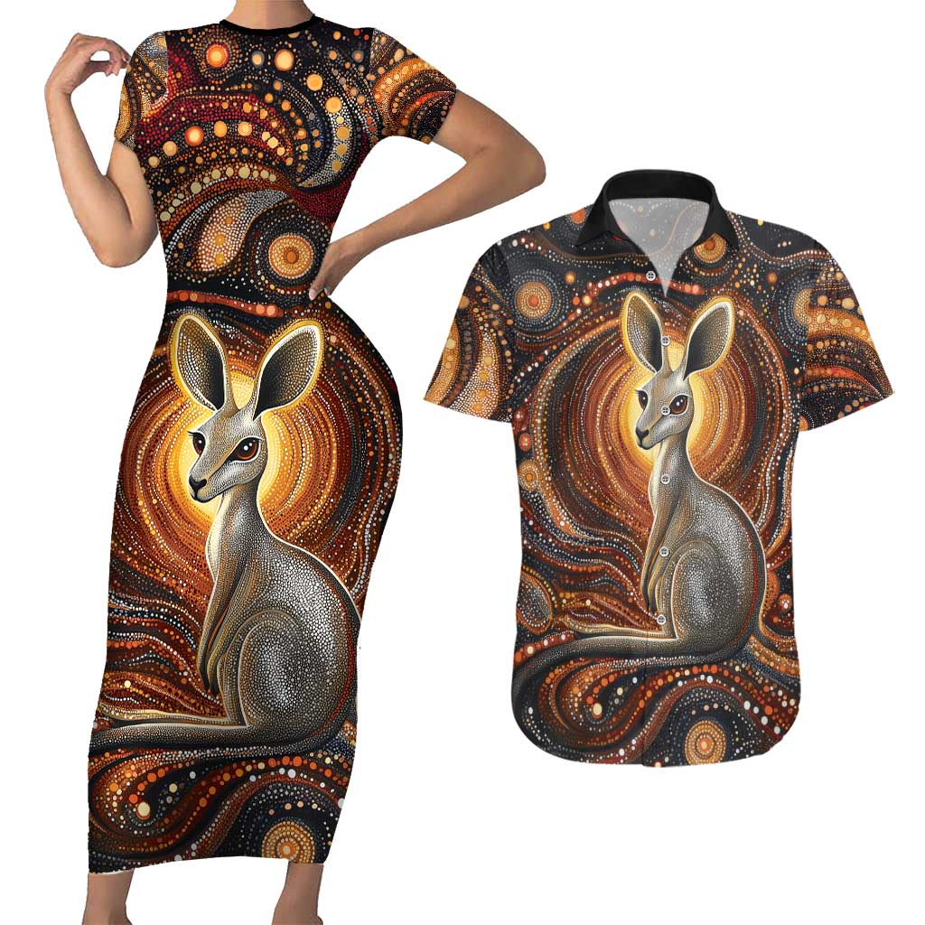 Australian Aboriginal Art Kangaroo Couples Matching Short Sleeve Bodycon Dress and Hawaiian Shirt Warm Earth Tones Aboriginal Dot Painting