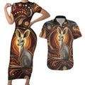 Australian Aboriginal Art Kangaroo Couples Matching Short Sleeve Bodycon Dress and Hawaiian Shirt Warm Earth Tones Aboriginal Dot Painting