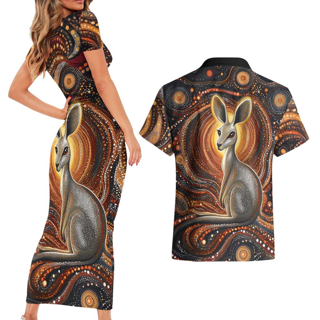 Australian Aboriginal Art Kangaroo Couples Matching Short Sleeve Bodycon Dress and Hawaiian Shirt Warm Earth Tones Aboriginal Dot Painting