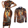 Australian Aboriginal Art Kangaroo Couples Matching Short Sleeve Bodycon Dress and Long Sleeve Button Shirt Warm Earth Tones Aboriginal Dot Painting