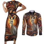 Australian Aboriginal Art Kangaroo Couples Matching Short Sleeve Bodycon Dress and Long Sleeve Button Shirt Warm Earth Tones Aboriginal Dot Painting