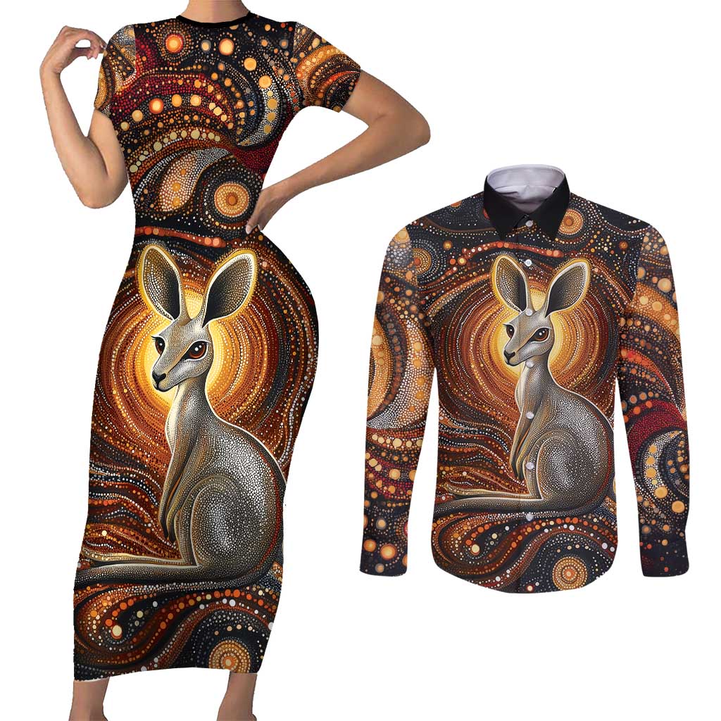 Australian Aboriginal Art Kangaroo Couples Matching Short Sleeve Bodycon Dress and Long Sleeve Button Shirt Warm Earth Tones Aboriginal Dot Painting