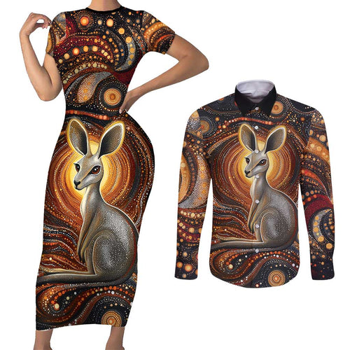 Australian Aboriginal Art Kangaroo Couples Matching Short Sleeve Bodycon Dress and Long Sleeve Button Shirt Warm Earth Tones Aboriginal Dot Painting