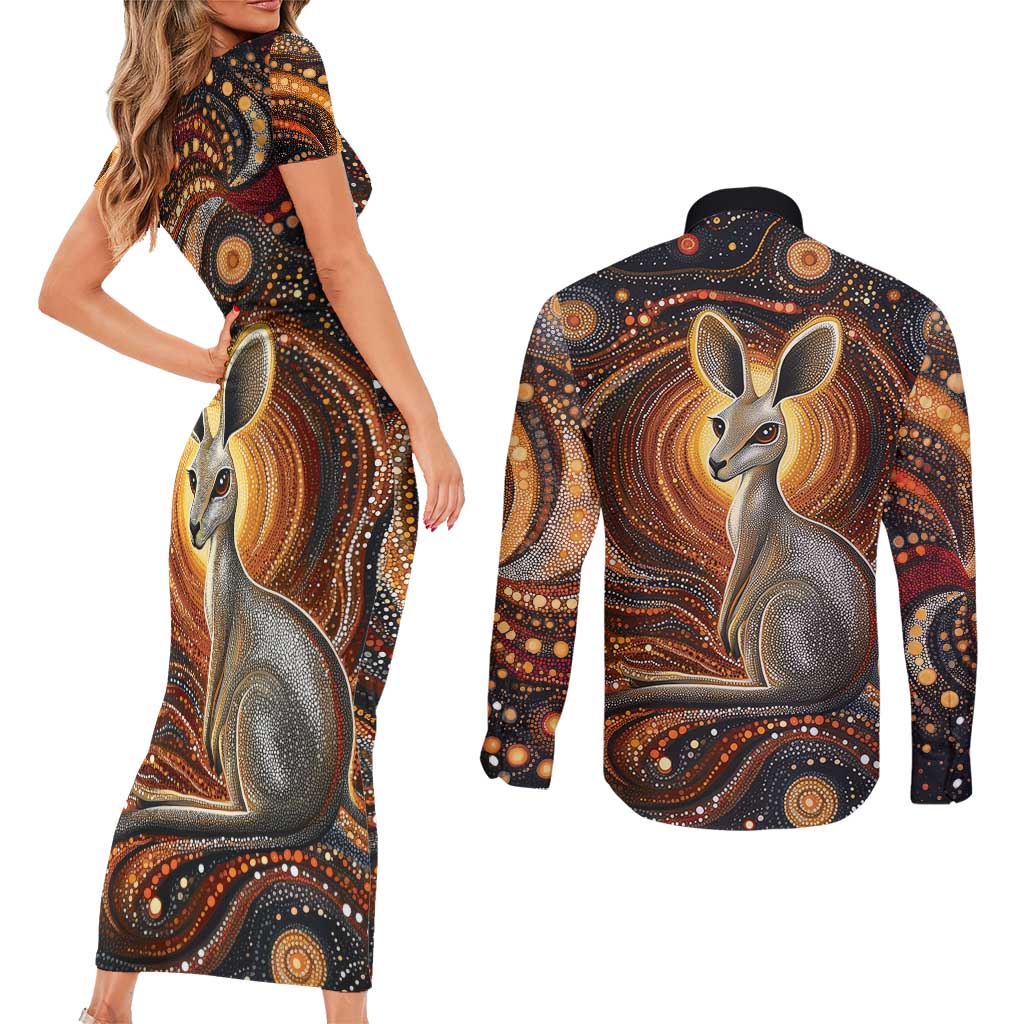 Australian Aboriginal Art Kangaroo Couples Matching Short Sleeve Bodycon Dress and Long Sleeve Button Shirt Warm Earth Tones Aboriginal Dot Painting