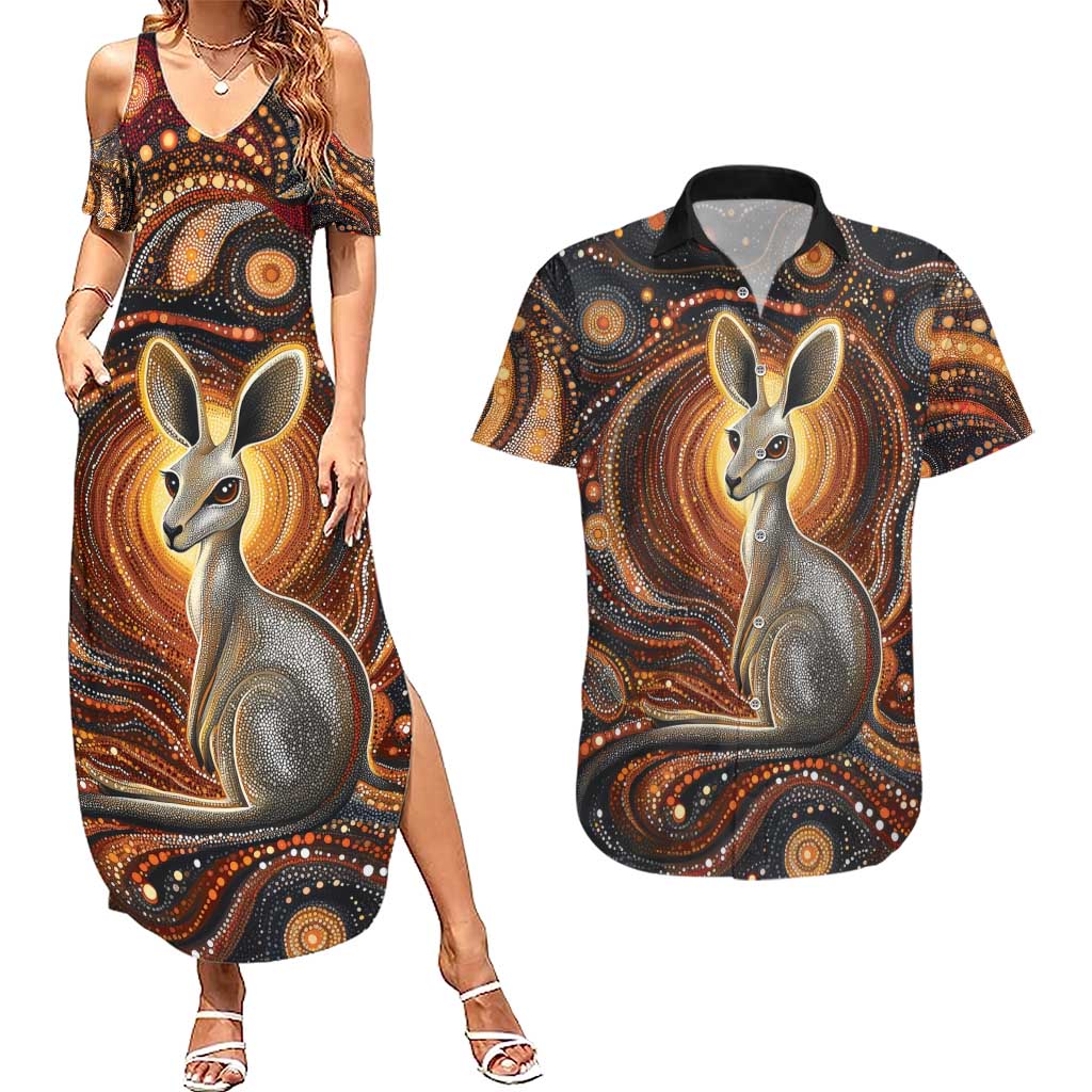 Australian Aboriginal Art Kangaroo Couples Matching Summer Maxi Dress and Hawaiian Shirt Warm Earth Tones Aboriginal Dot Painting