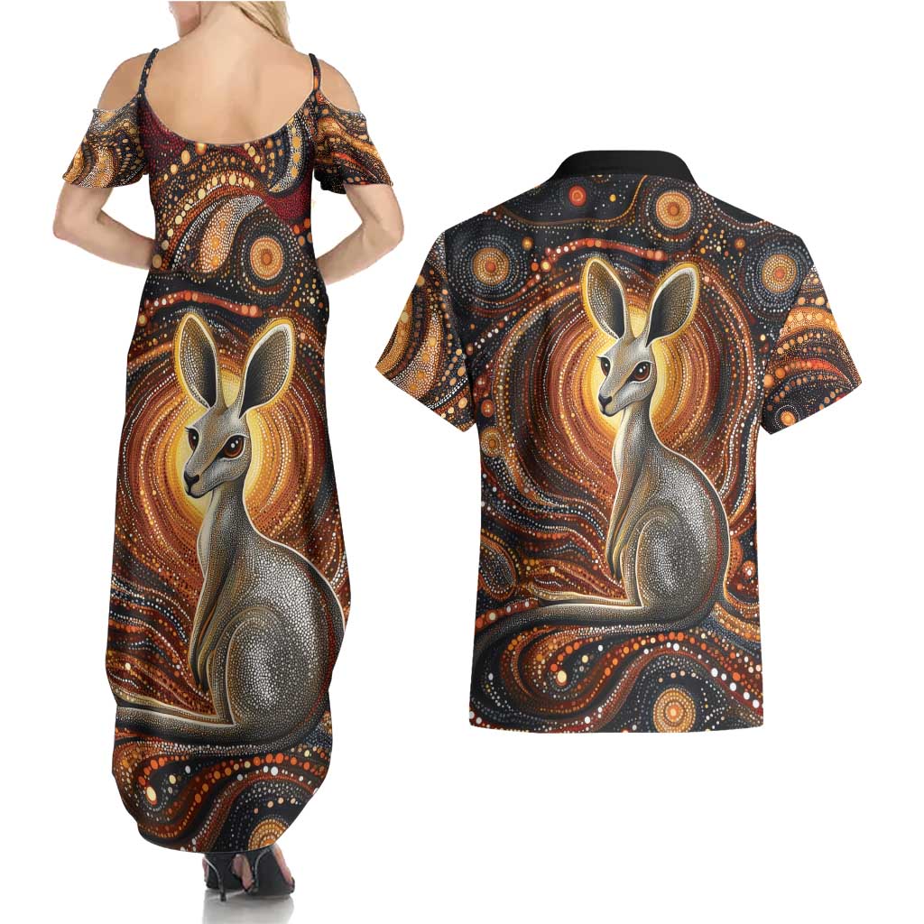 Australian Aboriginal Art Kangaroo Couples Matching Summer Maxi Dress and Hawaiian Shirt Warm Earth Tones Aboriginal Dot Painting