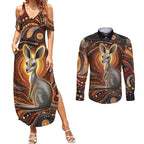 Australian Aboriginal Art Kangaroo Couples Matching Summer Maxi Dress and Long Sleeve Button Shirt Warm Earth Tones Aboriginal Dot Painting