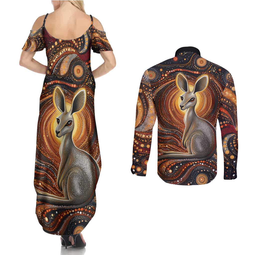 Australian Aboriginal Art Kangaroo Couples Matching Summer Maxi Dress and Long Sleeve Button Shirt Warm Earth Tones Aboriginal Dot Painting