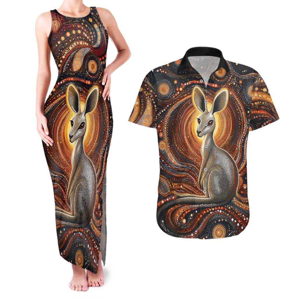 Australian Aboriginal Art Kangaroo Couples Matching Tank Maxi Dress and Hawaiian Shirt Warm Earth Tones Aboriginal Dot Painting