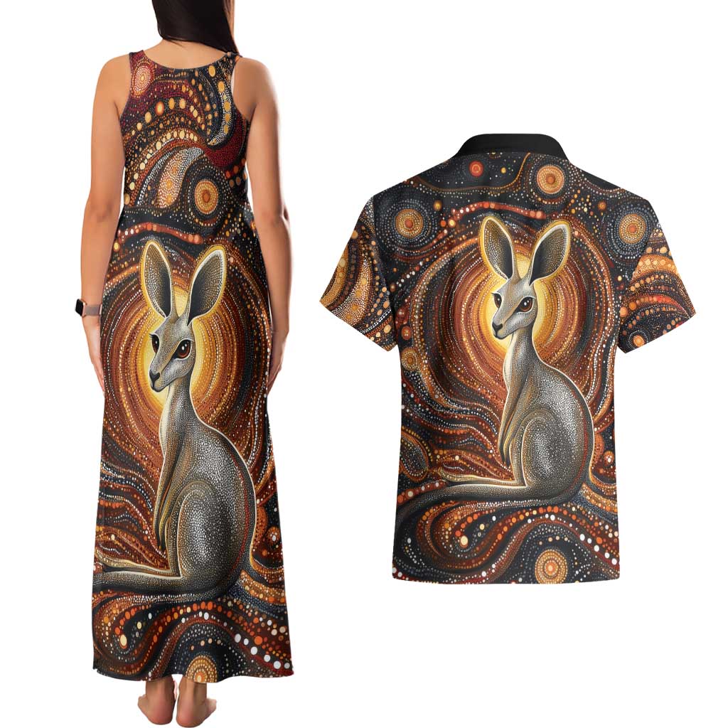 Australian Aboriginal Art Kangaroo Couples Matching Tank Maxi Dress and Hawaiian Shirt Warm Earth Tones Aboriginal Dot Painting