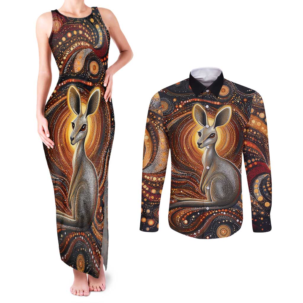 Australian Aboriginal Art Kangaroo Couples Matching Tank Maxi Dress and Long Sleeve Button Shirt Warm Earth Tones Aboriginal Dot Painting