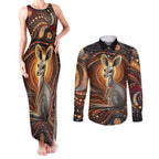 Australian Aboriginal Art Kangaroo Couples Matching Tank Maxi Dress and Long Sleeve Button Shirt Warm Earth Tones Aboriginal Dot Painting