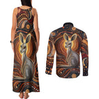 Australian Aboriginal Art Kangaroo Couples Matching Tank Maxi Dress and Long Sleeve Button Shirt Warm Earth Tones Aboriginal Dot Painting