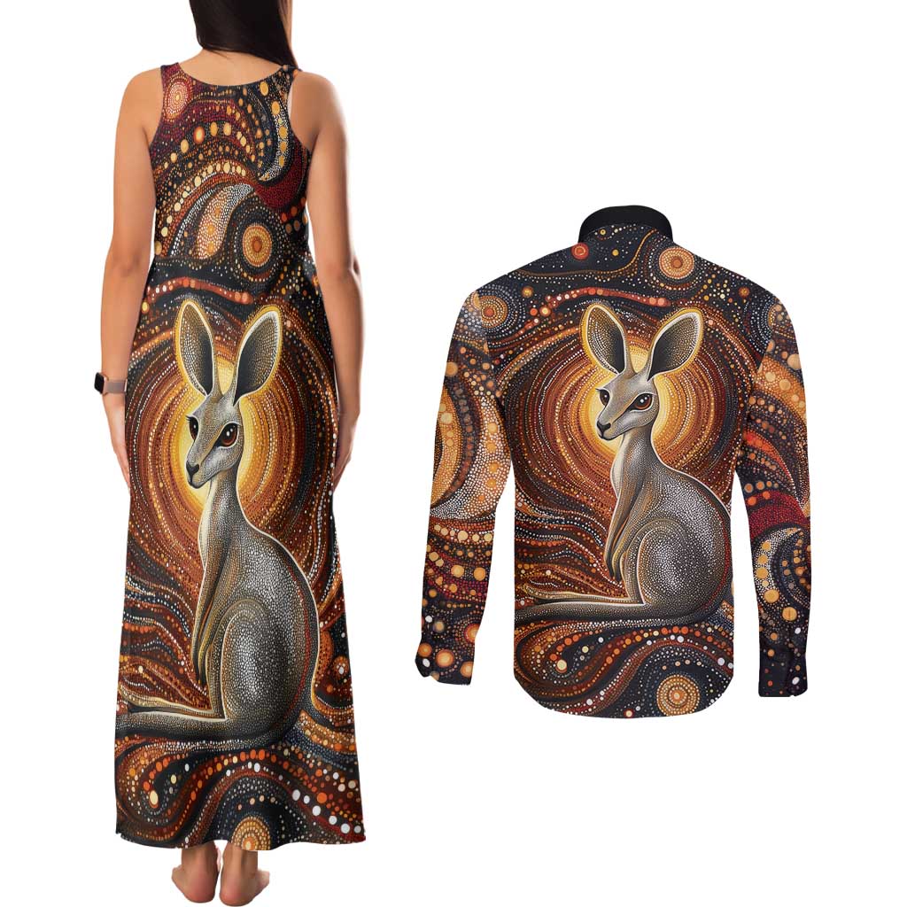 Australian Aboriginal Art Kangaroo Couples Matching Tank Maxi Dress and Long Sleeve Button Shirt Warm Earth Tones Aboriginal Dot Painting