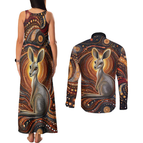 Australian Aboriginal Art Kangaroo Couples Matching Tank Maxi Dress and Long Sleeve Button Shirt Warm Earth Tones Aboriginal Dot Painting