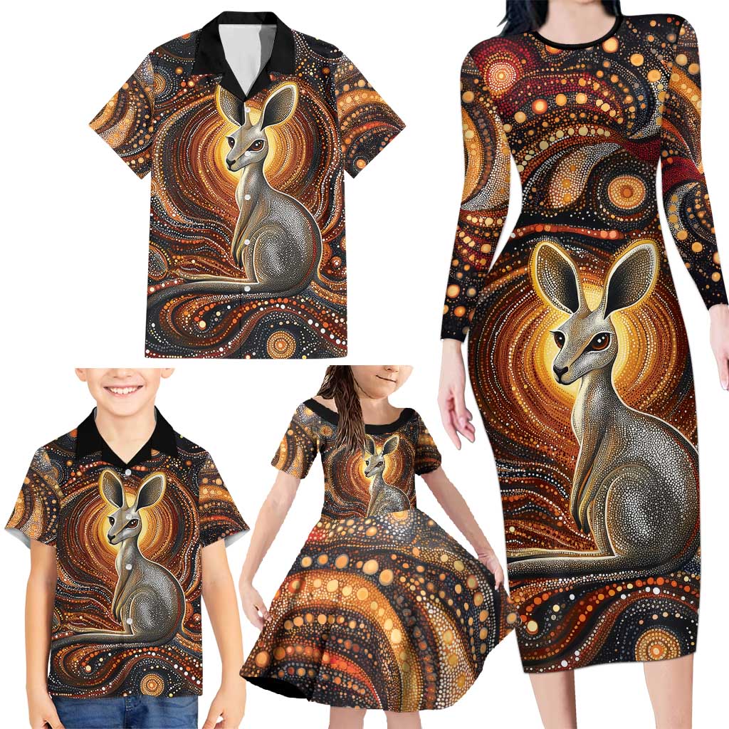 Australian Aboriginal Art Kangaroo Family Matching Long Sleeve Bodycon Dress and Hawaiian Shirt Warm Earth Tones Aboriginal Dot Painting