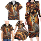 Australian Aboriginal Art Kangaroo Family Matching Long Sleeve Bodycon Dress and Hawaiian Shirt Warm Earth Tones Aboriginal Dot Painting
