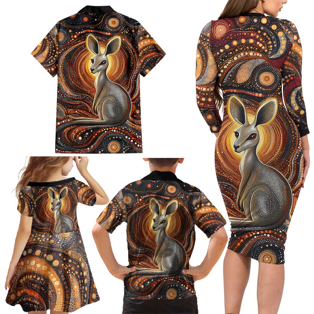 Australian Aboriginal Art Kangaroo Family Matching Long Sleeve Bodycon Dress and Hawaiian Shirt Warm Earth Tones Aboriginal Dot Painting