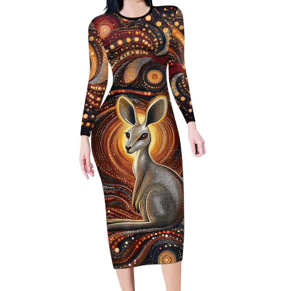 Australian Aboriginal Art Kangaroo Family Matching Long Sleeve Bodycon Dress and Hawaiian Shirt Warm Earth Tones Aboriginal Dot Painting
