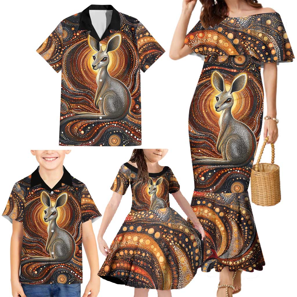 Australian Aboriginal Art Kangaroo Family Matching Mermaid Dress and Hawaiian Shirt Warm Earth Tones Aboriginal Dot Painting