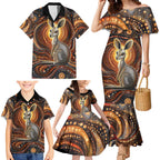 Australian Aboriginal Art Kangaroo Family Matching Mermaid Dress and Hawaiian Shirt Warm Earth Tones Aboriginal Dot Painting