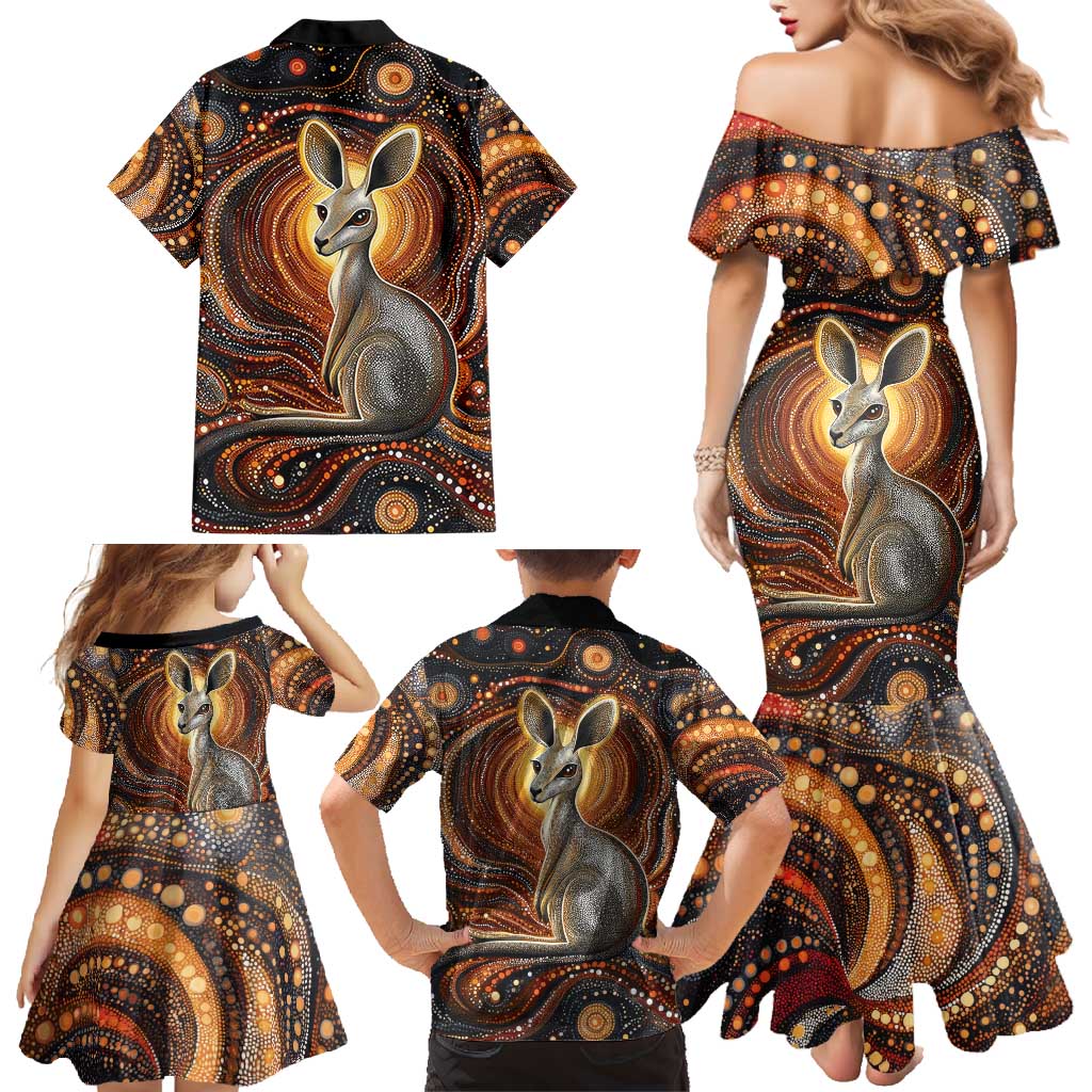 Australian Aboriginal Art Kangaroo Family Matching Mermaid Dress and Hawaiian Shirt Warm Earth Tones Aboriginal Dot Painting