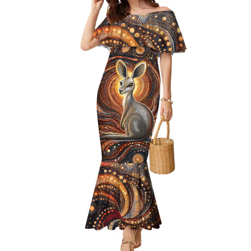 Australian Aboriginal Art Kangaroo Family Matching Mermaid Dress and Hawaiian Shirt Warm Earth Tones Aboriginal Dot Painting