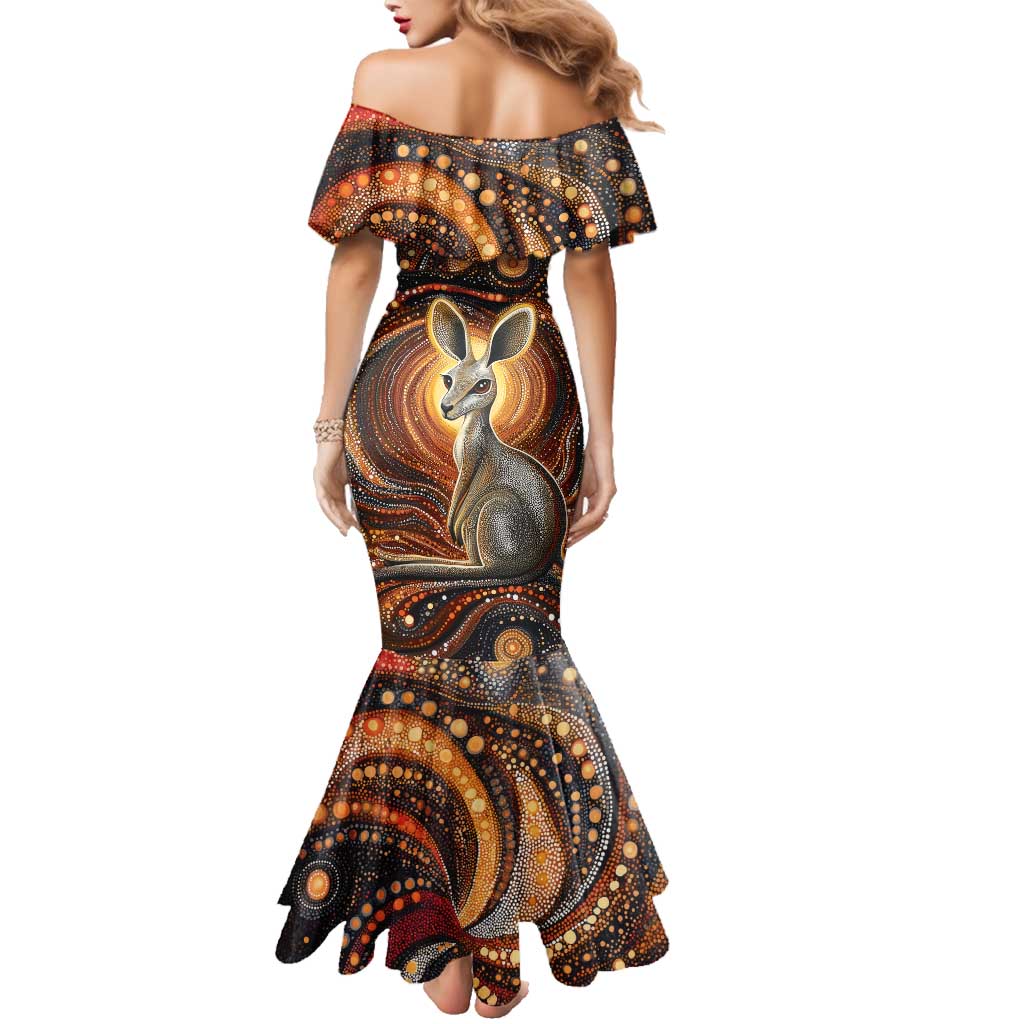 Australian Aboriginal Art Kangaroo Family Matching Mermaid Dress and Hawaiian Shirt Warm Earth Tones Aboriginal Dot Painting