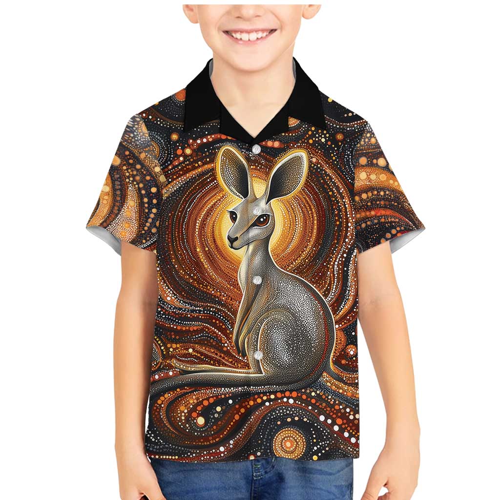 Australian Aboriginal Art Kangaroo Family Matching Mermaid Dress and Hawaiian Shirt Warm Earth Tones Aboriginal Dot Painting