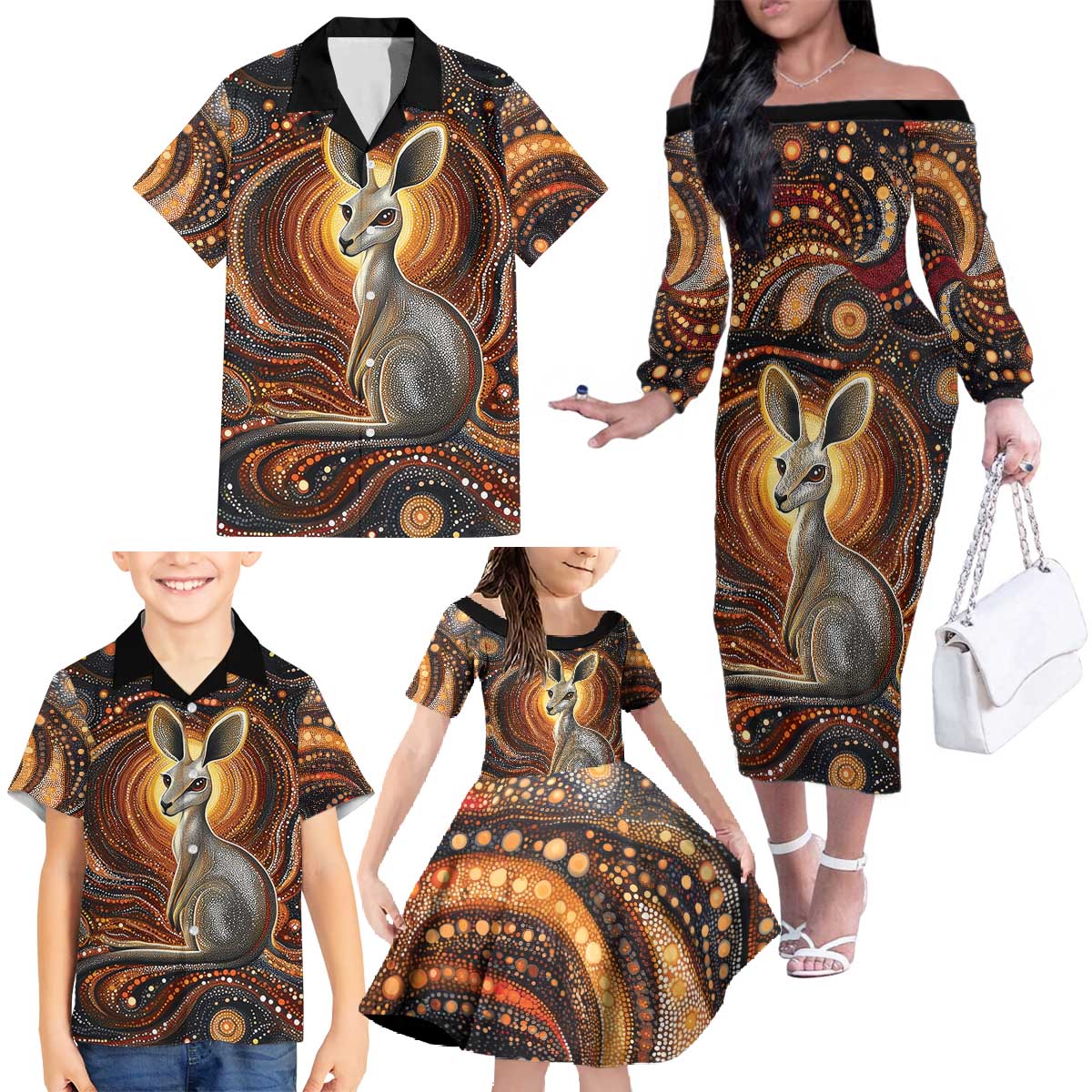 Australian Aboriginal Art Kangaroo Family Matching Off The Shoulder Long Sleeve Dress and Hawaiian Shirt Warm Earth Tones Aboriginal Dot Painting