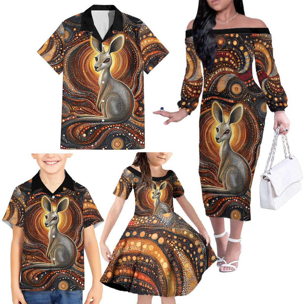 Australian Aboriginal Art Kangaroo Family Matching Off The Shoulder Long Sleeve Dress and Hawaiian Shirt Warm Earth Tones Aboriginal Dot Painting