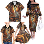 Australian Aboriginal Art Kangaroo Family Matching Off The Shoulder Long Sleeve Dress and Hawaiian Shirt Warm Earth Tones Aboriginal Dot Painting