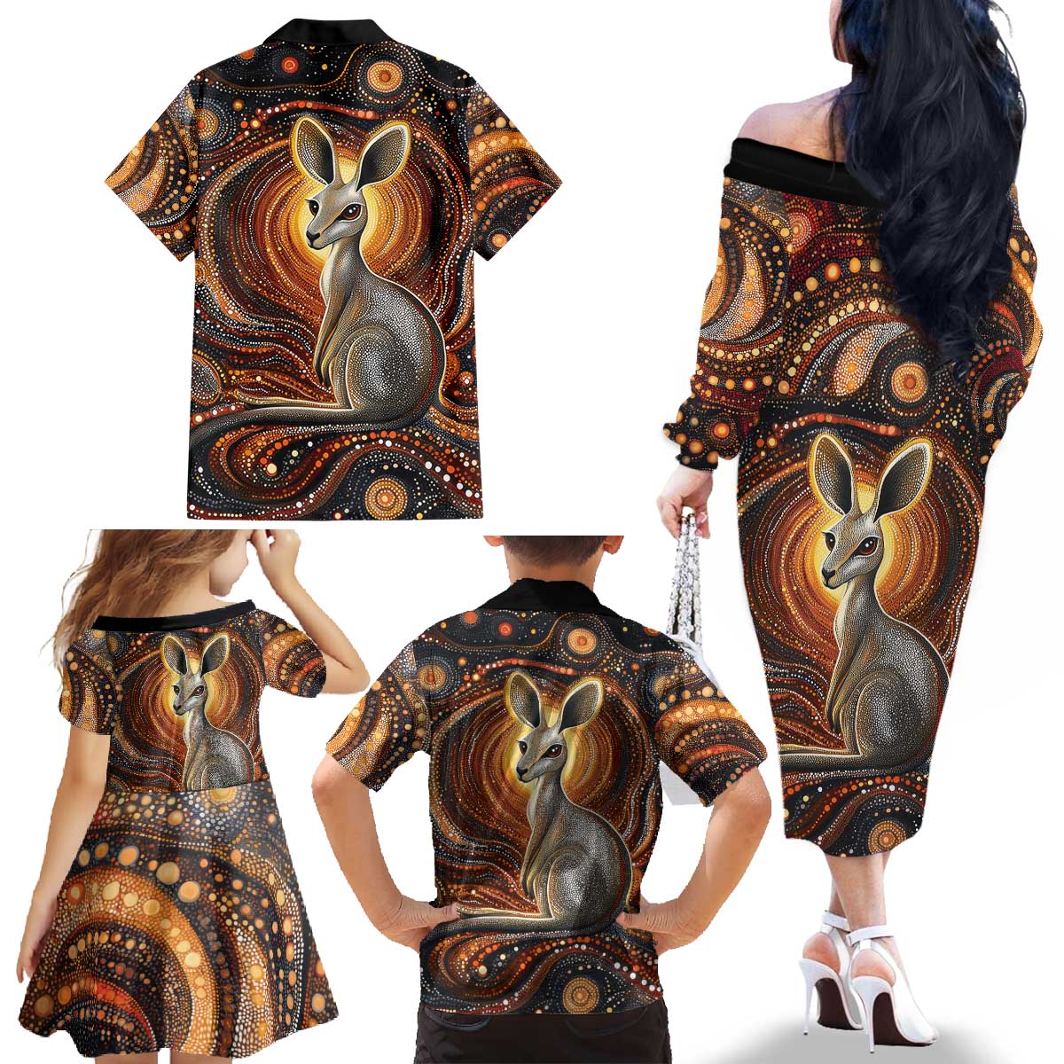 Australian Aboriginal Art Kangaroo Family Matching Off The Shoulder Long Sleeve Dress and Hawaiian Shirt Warm Earth Tones Aboriginal Dot Painting